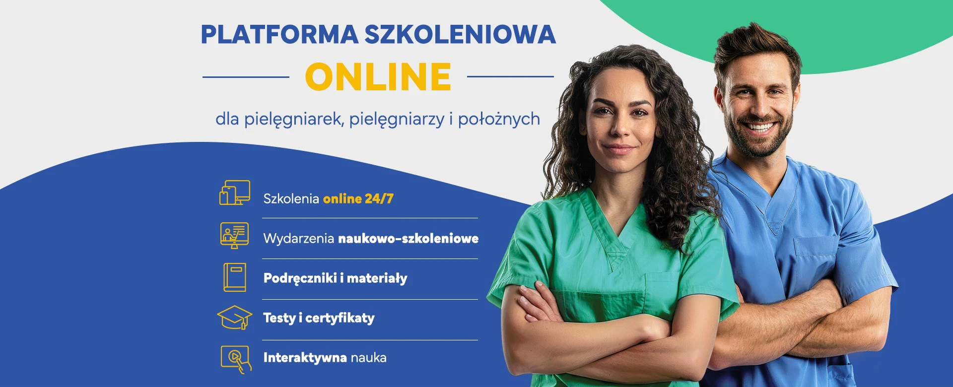 Platforma szkoleniowa dla personelu medycznego. Szkolenia 24/7, certyfikaty, nauka. Dwoje uśmiechniętych medyków w tle.